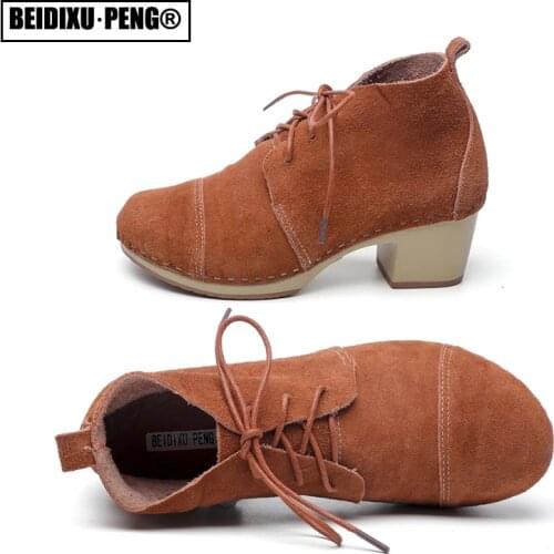 Office Party Moccasins Pointed Toe All Seasons Casual Outdoor Pumps Martin Boots Womens Leather Wedge Heel Shoes Femme Lace Up