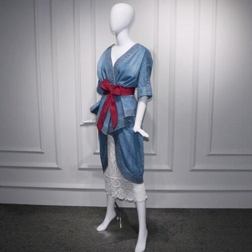 2020 New Fashion Sexy Elegant Women Denim Dress V-Neck Backless Ruffle Sashes Knee Length Party Dress Split Ladies Jeans Dresses