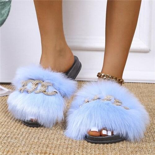 2021 New Furry Winter Warm Metal Chain Buckle Home Slippers Women Flip Flop Round Toe Shoes Indoor Slippers Female