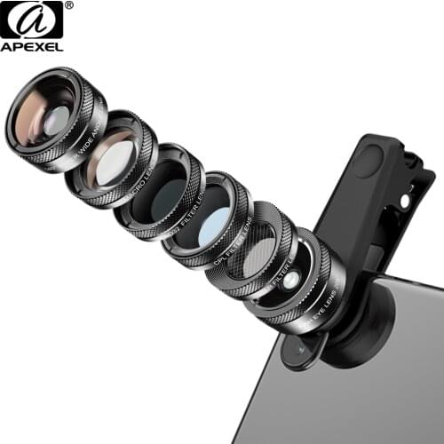 APEXEL Phone Camera Lens 6 in 1 Fisheye Lens Wide Angle macro Lens cpl Filter 2X tele for huawei samsung all phones dropshipping