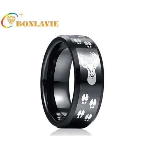BONLAVIE 8mm Black Black Elk Tungsten Carbide Ring Wedding Band for Men Comfort Fit Rings Engagement Jewelry