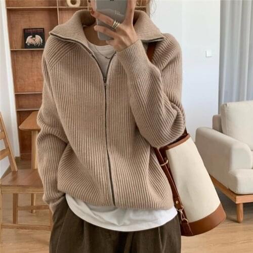 Autumn Womens Jacket Oversize Sweater Coat Zippers Turn-down Collar Knitted Cardigan Sweater Thick Winter Jacket Women Knitwear
