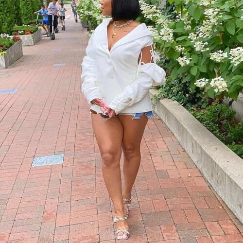 Sexy Blazer Outwears for Womens Solid Cold Shoulder Puff Sleeve Single Breasted Solid Elegant Evening Night Club Jackets & Coats