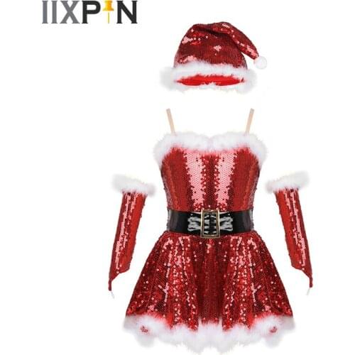 Girls Christmas Santa Dance Costume Sequins Figure Ice Skating Roller Skating Ballet Dance Leotard Dress with Hat Arm Sleeves