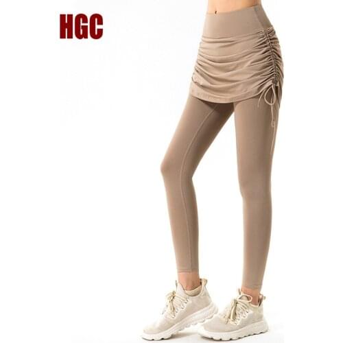 Yoga Pants Women Leggings High Waist Drawstring Strap Half Length Skirt Nine Point Squat Proof Fake Two-piece GYM Tights HGC