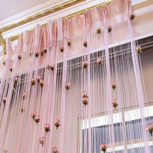 Rose Flower Tassel Flash Silver Line String Curtain Window Door Divider Sheer Curtain Valance Home Decoration 1x2m C0604