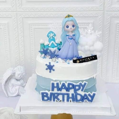 Snowflake Ice Snow Castle Little Blue Princess Girls Happy Birthday Cake Topper Kid Party Supplies Pink Love Gifts