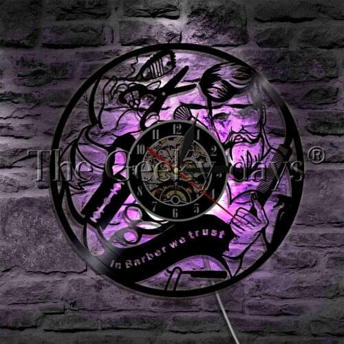 In Barbers We Trust LED Night Lamp Vinyl Record Wall Clock With LED Backlight Barber Shop Hairdresser Beauty Salon Decor