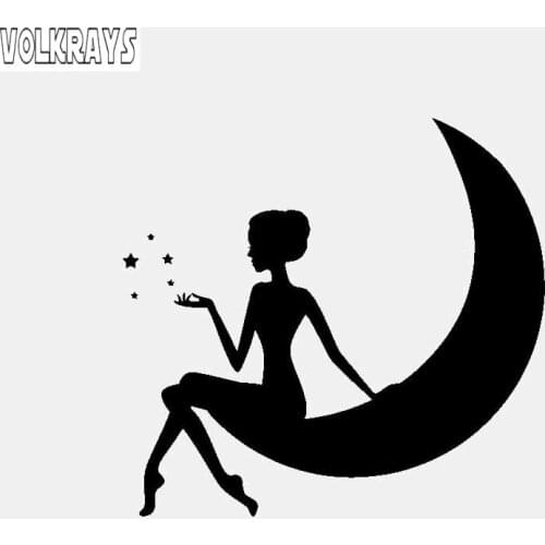 Volkrays Lovely Car Sticker Girl on The Moon and Stars Accessories Reflective Waterproof Vinyl Decal Black/White,11cm*12cm