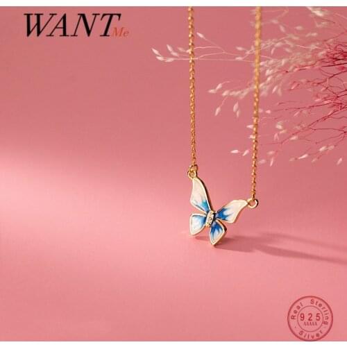 WANTME 925 Sterling Silver Romantic Blue Butterfly Pendant Charm Chain Necklace for Women Fashion Wedding Anniversary Jewelry
