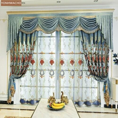 Custom curtains America chenille living room hollow embroidered screen blue cloth blackout curtain valance tulle drape C893