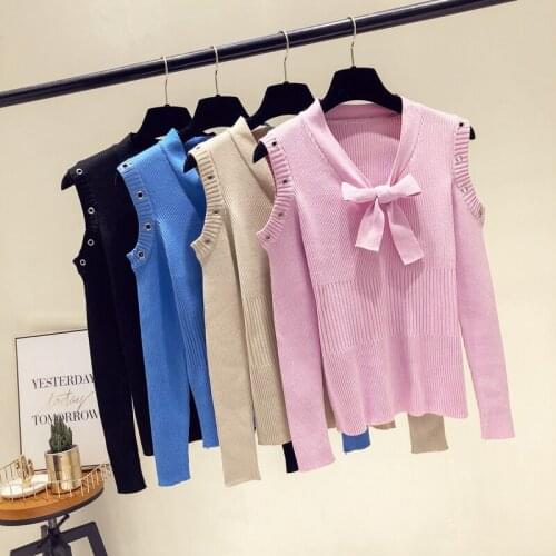 2018 New Autumn Women Shirts Bow Knitting Full Sleeve Slim Dew Shoulder Sweater Blouse Shirt Pink Blue Black Large Cargo