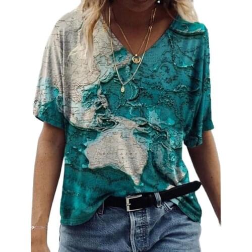 2021 Fashion Ladies Tops Women Plus Size 3D Map Printing T Shirt Loose V-Neck Short Sleeve Casual Tee Top Summer New Streetwear