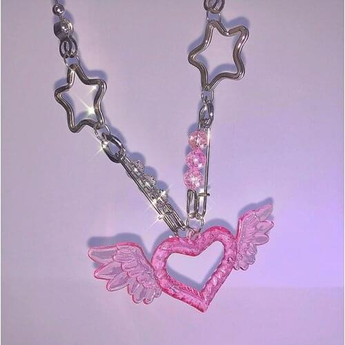 Harajuku DIY Handmade Heart Wing Necklace For Women Metal Vintage Lovely Star Charms Choker Necklace Y2K Jewelry Wholesale