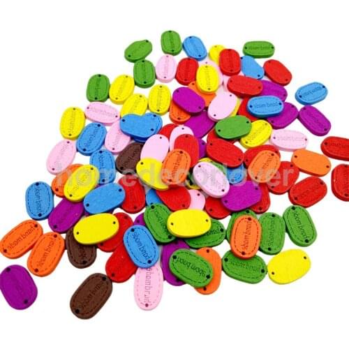 200pcs Assorted Color 2 Holes Handmade Label Wooden Sewing Buttons Tags for DIY Sewing Scrapbooking Craft 18x12mm