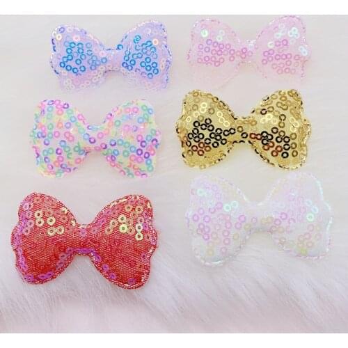 30Pcs/LOT 5.5*3.5CM Sequin Fabric BowKnot Padded Appliques For DIY Handmade Children Hair Clip Accessories Patches