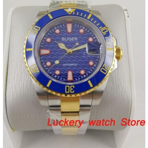 40mm bliger Gold-plated Luxury watch blue dial saphire glass;stainless steel Strap Automatic mens Mechanical Watches-BA203