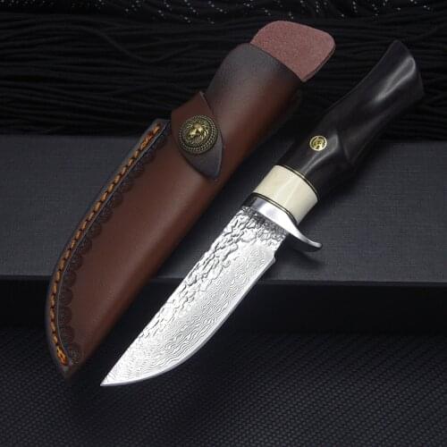 Free shipping Handmade Damascus steel Hunting Knife Camping Survival Knife wood handle Fixed Blade Tactical Knife