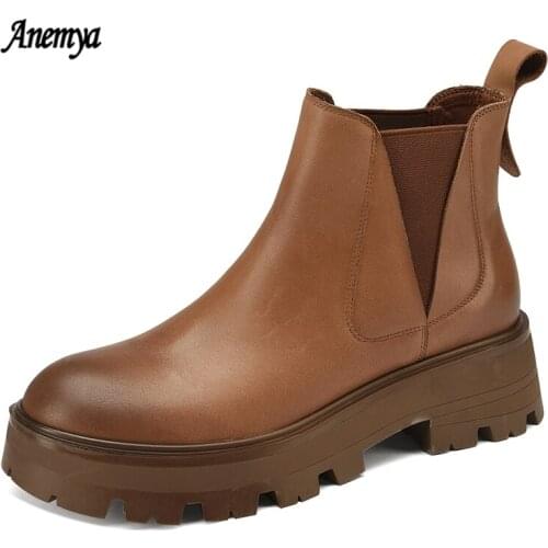 2021 Chunky Ankle Boots Women Genuine Leather Round Toe Chelsea Boots Platform Brown Slip On Booties Ladies Winter Shoes Female