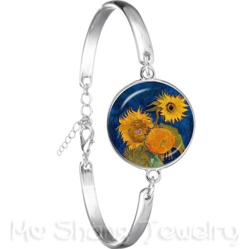 Van Gogh Painting Tredny Bracelet The Starry Night Van Gogh Sunflowers Round Jewelry 18mm Glass Dome Chain Bangle For Women Gift