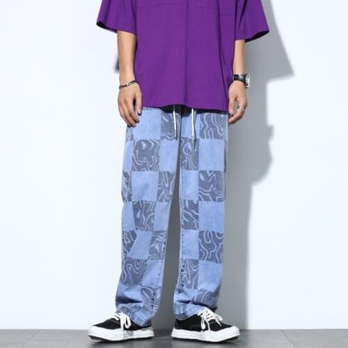 Mens Jeans 2021 Spring Autumn Plaid Full Printed Straight-Leg Jeans Male Ins Street Hip-Hop Loose Wide-Leg Denim Trousers S-5XL