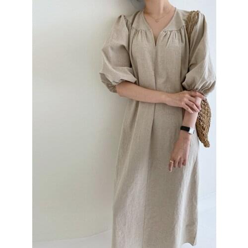 Elegant Solid Shirt Dress Womens Spring Sundress 2021Lantern Sleeve Casual Long Dress Female V Neck Robe Plus Size Shirt Dress