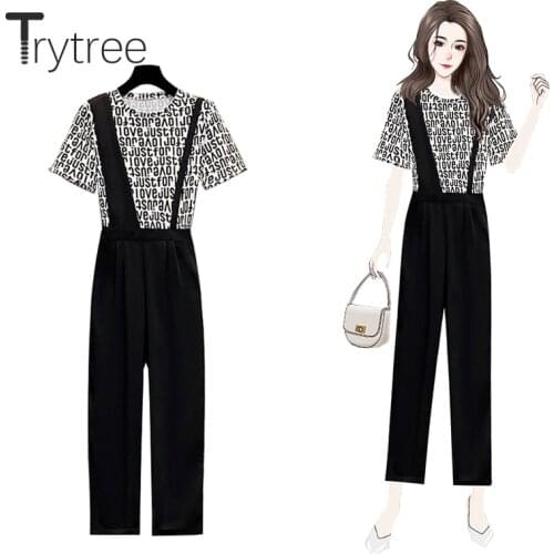 Trytree 2021 Summer Women Two Piece Set Casual Letters Printed Tops + Asymmetric Strap Pants Wide Legs Office Lady 2 Piece Suit