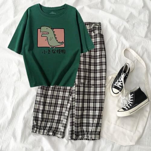 Girls Suit Summer Korean Student Loose Harajuku Style New Fashion Casual Dinosaur Print T-shirt + Check Pants Two-piece Suit