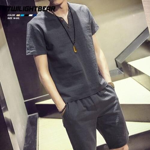 New Mens Linen Sets Short Sleeve Male Summer Brand Vintage Fit Slim V Neck Casual Linen Suits Men Fit Slim Set M~5xl AFM31