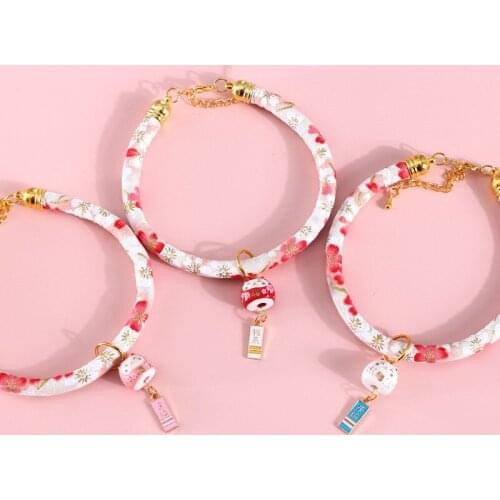 Cute Japanese Cat Collar with Fortune Cat Pendant Lucky Bless Adjustable Floral Patterns Kitten Collars Pets Dogs Accessory