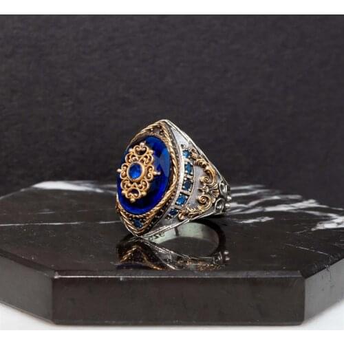 Navy blue Sapphire Stone Engraved Silver Men 'S Ring