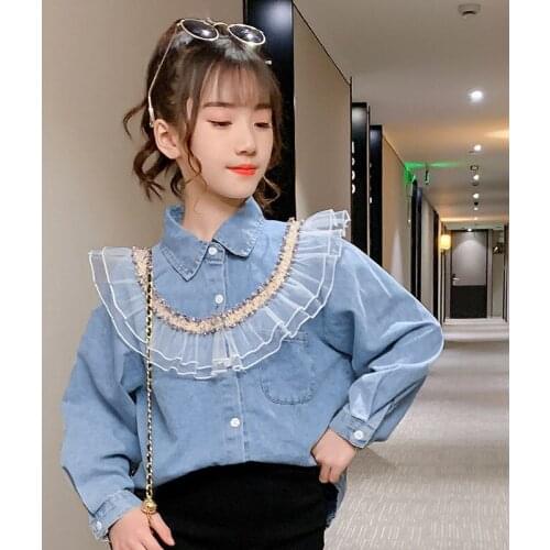 2021 Brand New Newborn Toddler Infant Baby Girls Lace Patchwork Long Sleeve Tops T-shirts Clothes Solid Blue Sweet Tops Shirt