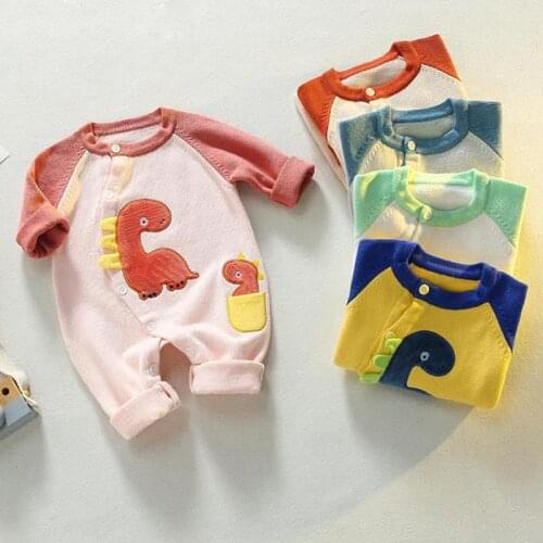 New Autumn Baby Knitted Rompers For Boys Winter Newborn Cotton Girls Clothes 0-24m Long Sleeve Winter Warm Dinosaur Jumpsuits