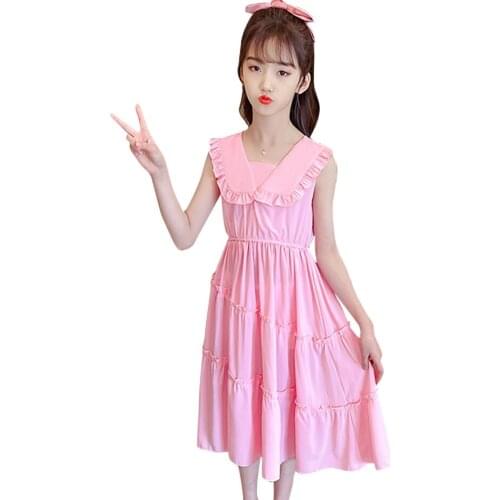 Teenage Girl Dress 2021 Newest Girls Dresses Solid Color Dress Kids Summer Girl Costume 6 8 10 12 14