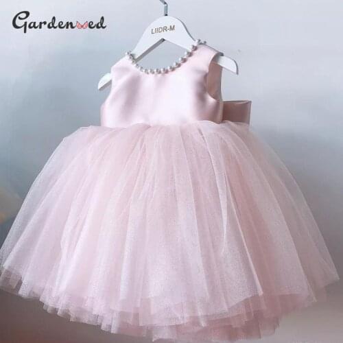 Pink Flower Girl Dress 2021 Bow Pearl Princess Dress For Girl Sleeveless First Communion Dresses Puffy Children Dress