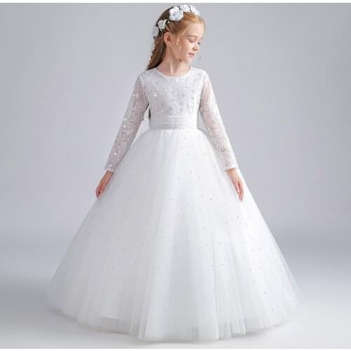 Flower Girl Dress Pearls Luxury White Bow Pleat Princess Sequined O-Neck Ball Gown Floor-Length Tulle Lace Kids Party Skirt H082