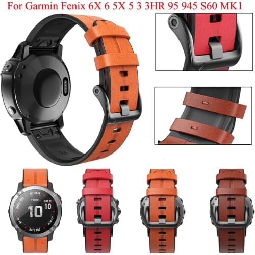 26 22mm Genuine Leather Watch Band Strap For Garmin Fenix 6 6X 5X 5 3 3HR Forerunner 935 945 Quick Release Silicone Wristbands