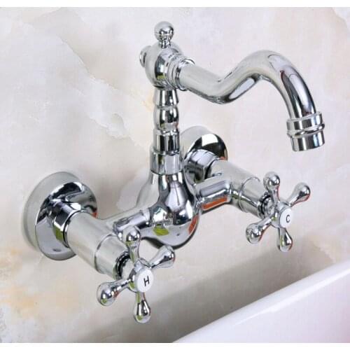 Basin Faucets Chrome Brass Wall Mounted Kitchen Bathroom Sink Faucet Dual Handle Swivel Spout Hot Cold Water Tap Knf968