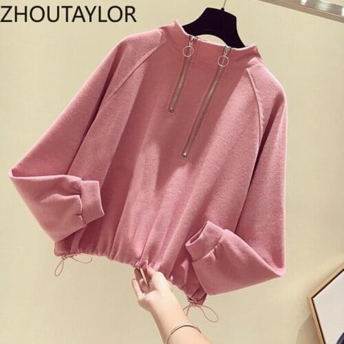 ZHOUTAYLOR Sweatshirt Women Office Lady Draw String Tops Femme Full Sleeve Stand Collar Loose Autumn New Pullovers Female S0679