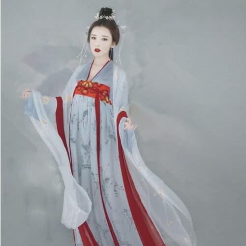 WYJN White Red Mixed Color Tang Dynasty Princess High Waist Ruqun Fairy Aesthetic Classical Dance Costume Stage Cosplay Hanfu