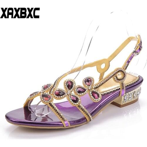 XAXBXC 2018 New Summer Rhinestone Gladiator Peep Toe Sandals Crystal Low Heels Women Bridesmaid Sandalias Wedding Party Shoes