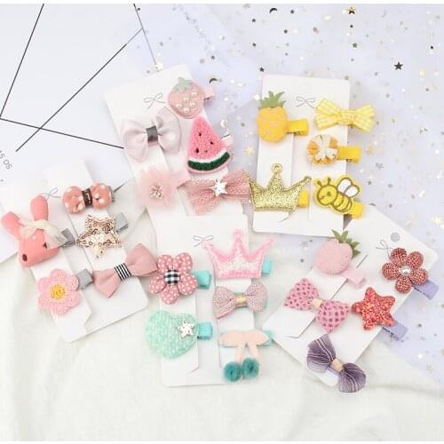 5Pcs/Set Fabric Hair Clip Girl Cartoon Cute Crown Flower Bow Hairpin Headdress Childrens Side Clip Fashion Hair Accessories