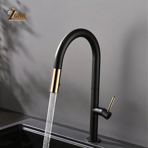 ZGRK Pull Out Rotation Spray Mixer Kitchen Faucet Matte Black Cold And Hot Water Single Handle Brass Kitchen Sink Faucet