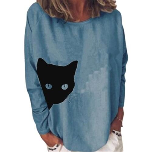 Spring Autumn New Cute Cat Print Women T-shirt Casual O-Neck Long Sleeve Top Fashion Aesthetic Pattern Large Street Black Tees