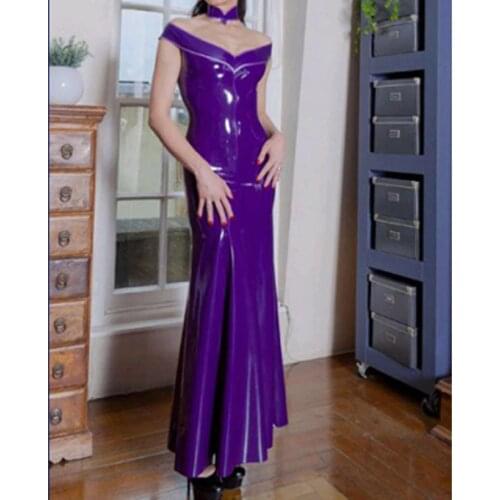 Women Purple Latex Long Gowns Rubber Fetish Club Wear Dress and Neck Collar BNLD182
