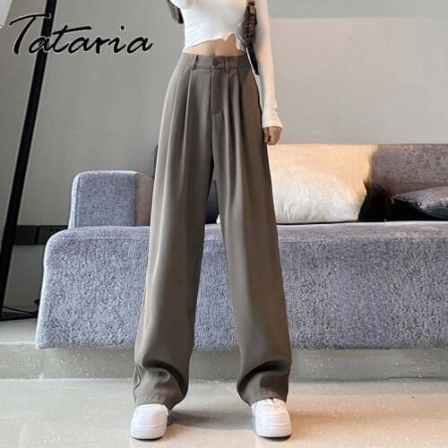 Womens Trouser Suit White Straight High Waist Floor-Length Pants Autumn Female 2021 Office Ladies Basic Classy Wide Leg Pants
