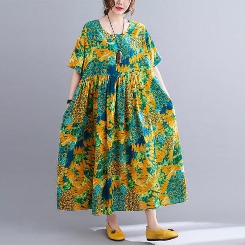 2021 New Arrival Batwing Sleeve Loose Summer Dress Soft Cotton Print Floral Vintage Travel Casual Holiday Style Women Long Dress