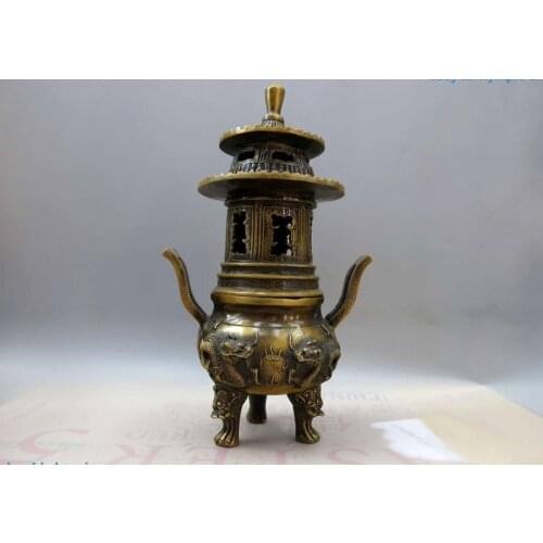 13" China brass copper carved Pavilion two dragon censer Incense burner Statue