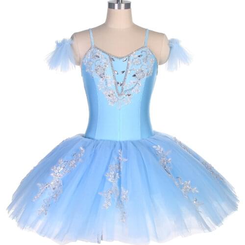 Pale Blue Spandex Top Bodice Pre-professional Ballet Tutu for Girl & Women Spandex with Silver Applique Trim Ballerina Tutu