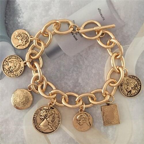 Bohemia Antique Gold Color Vintage Style Coin Book Special Charm Bracelet For Women GIrl Elegant Gorgeous Jewelry Accessory